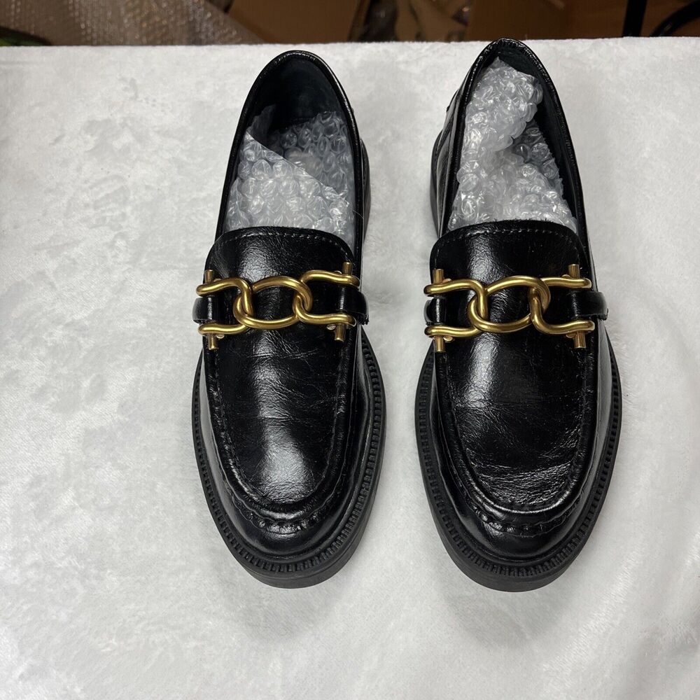 NWOB Steve Madden Karmine Loafers 7 Flats Black Gold Chain Horse Bit Academia